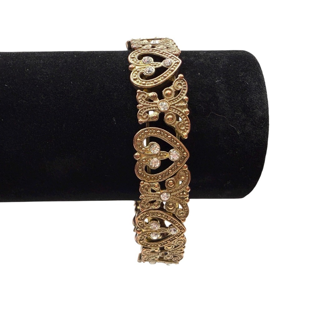 Antique Gold Tone Filigree Heart Bracelet Rhinestone Accents Stretch Band 7.5